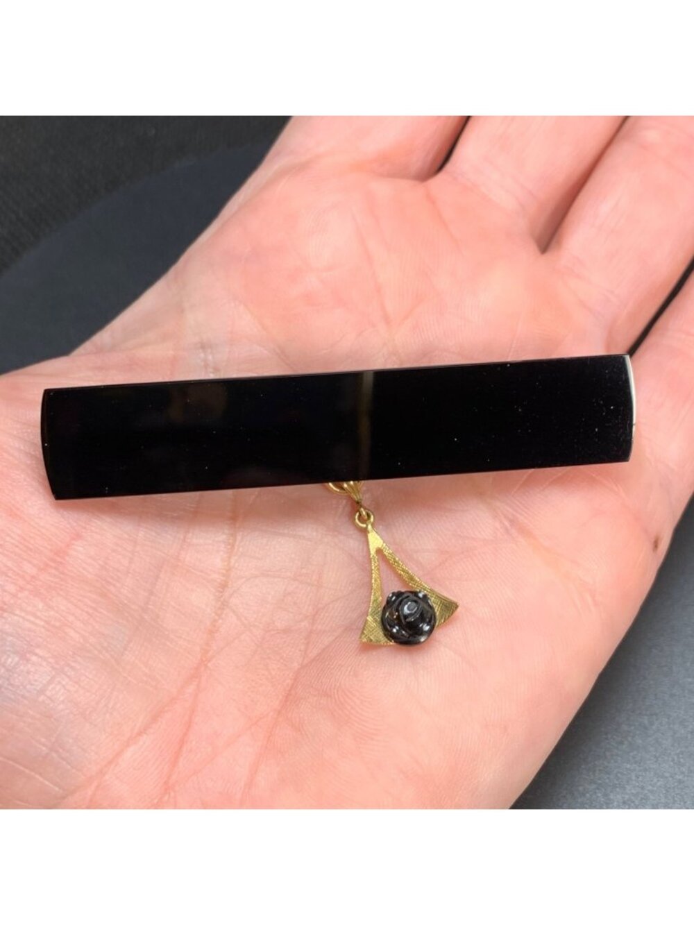 Antique Black Onyx & 14k Yellow Gold Mourning Brooch w/ Flower Pendant 2.5" Long